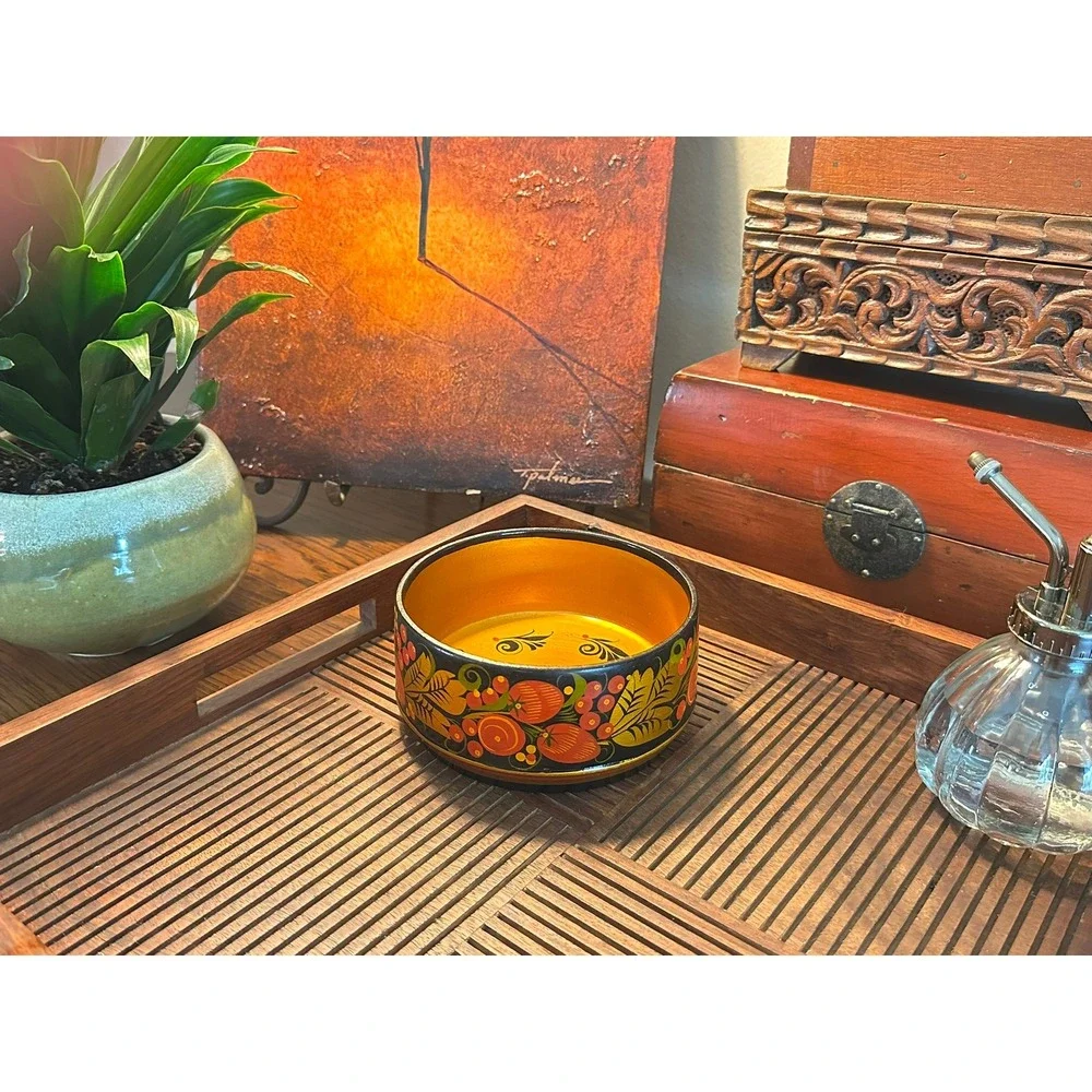 Vintage Khokhloma Wooden Bowl Hand Painted Strawberry Folk Art Black Gold